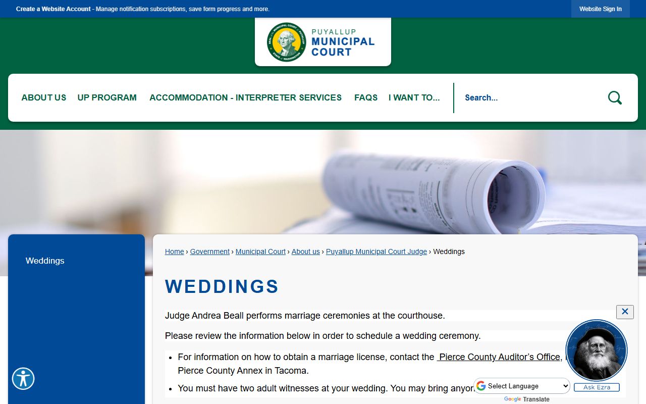 Puyallup Municipal Court wedding ceremonies Judge Andrea Beall marriage license