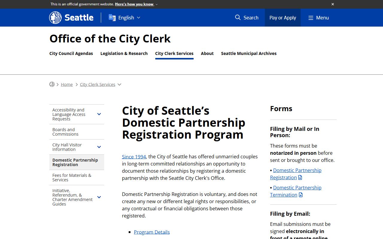 Seattle City Clerk domestic partnership registration for Seattle marriage license records