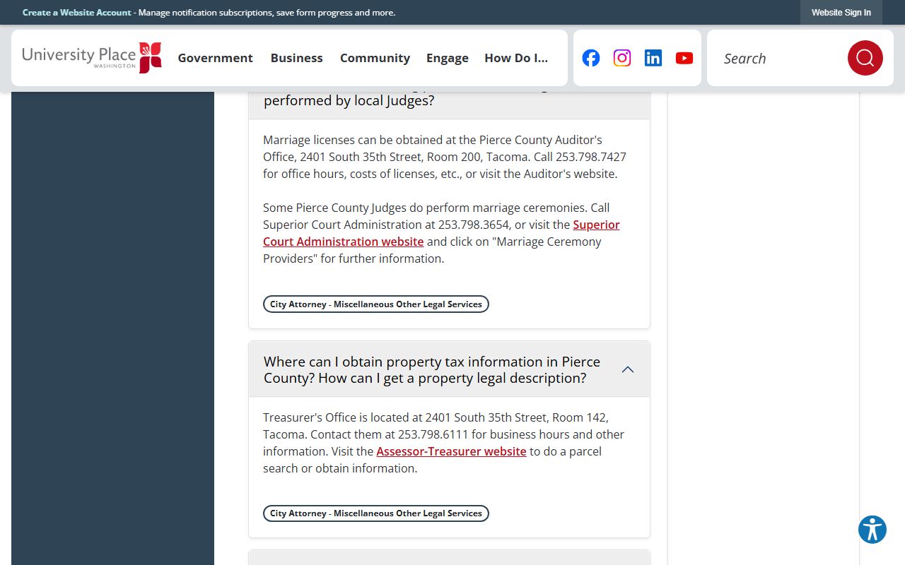University Place marriage license FAQ page for residents applying through Pierce County