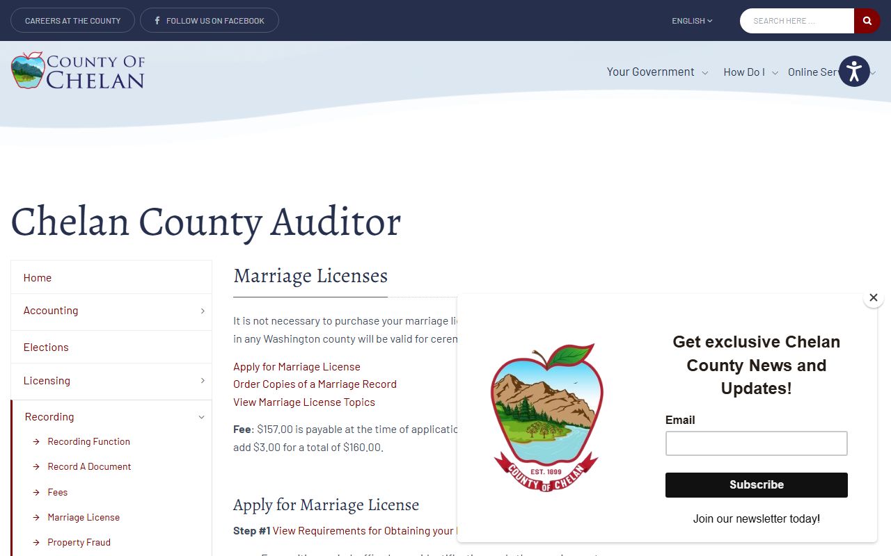 Chelan County Auditor marriage license page for Wenatchee applicants