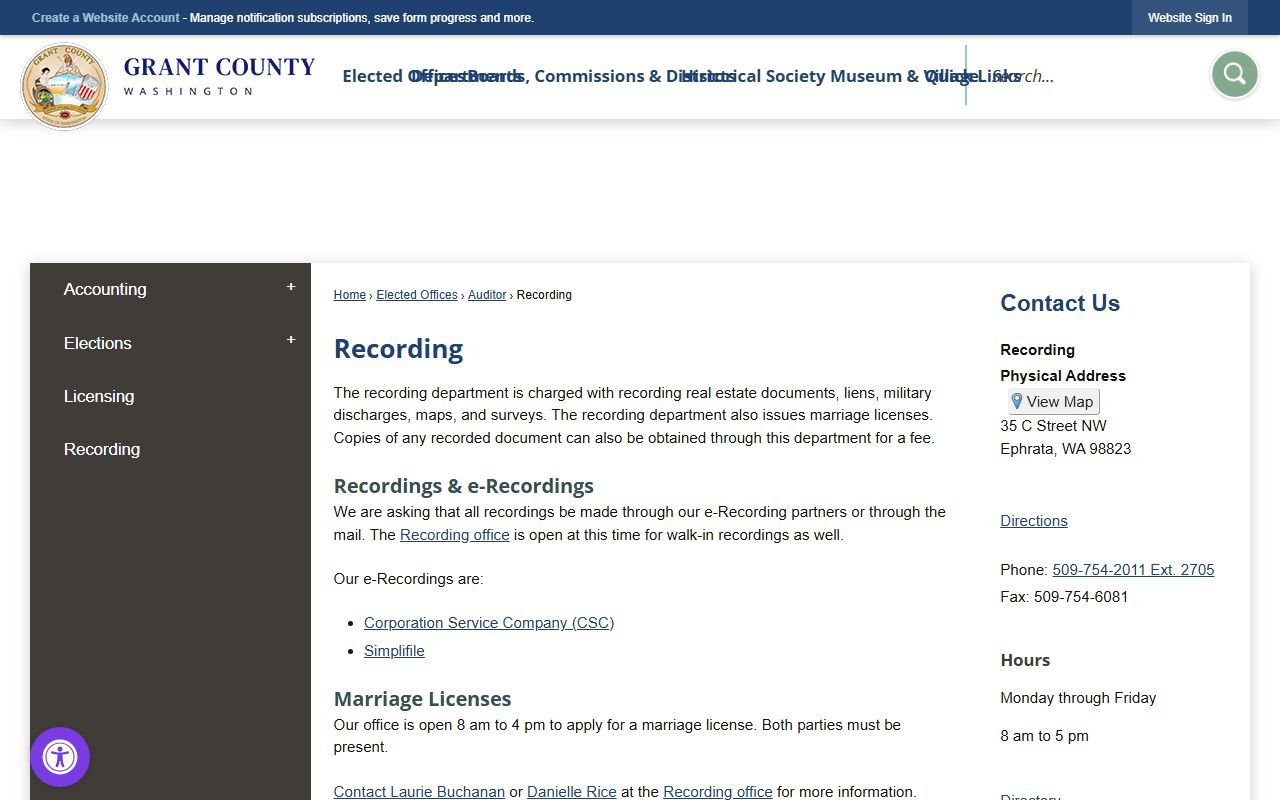 Grant County Washington auditor recording office marriage license page