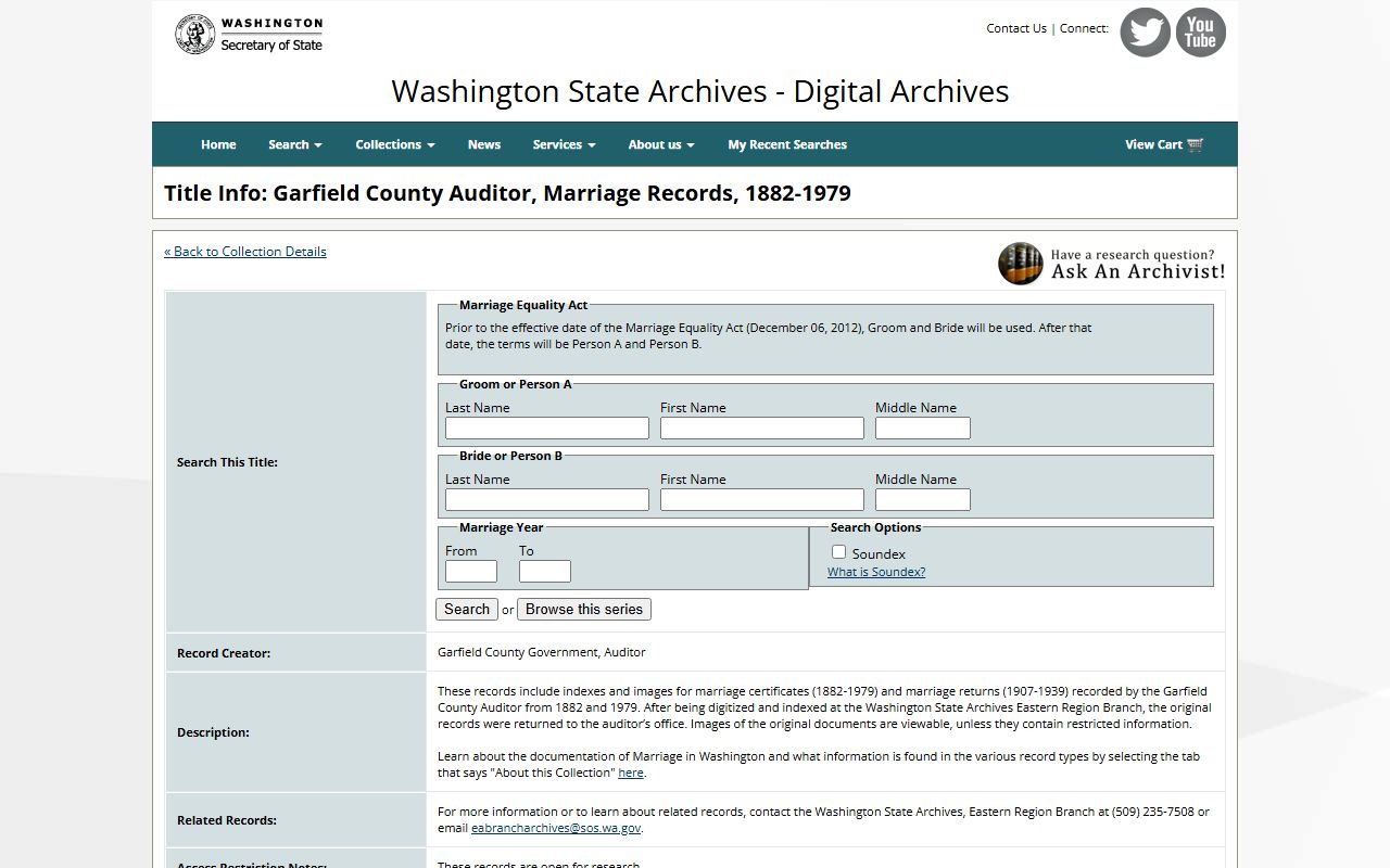 Washington State Digital Archives Grays Harbor County marriage records collection