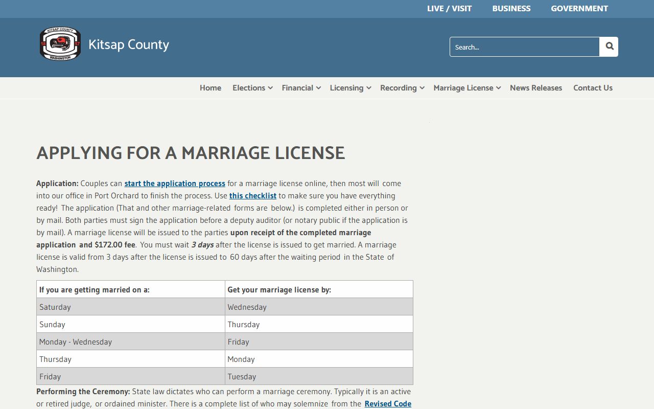 Kitsap County marriage license requirements and application process