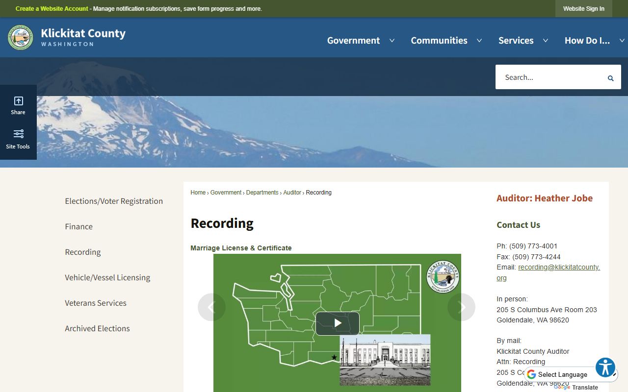 Klickitat County Recording Office marriage license services