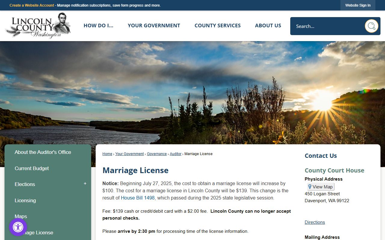 Lincoln County marriage license application page on the county website