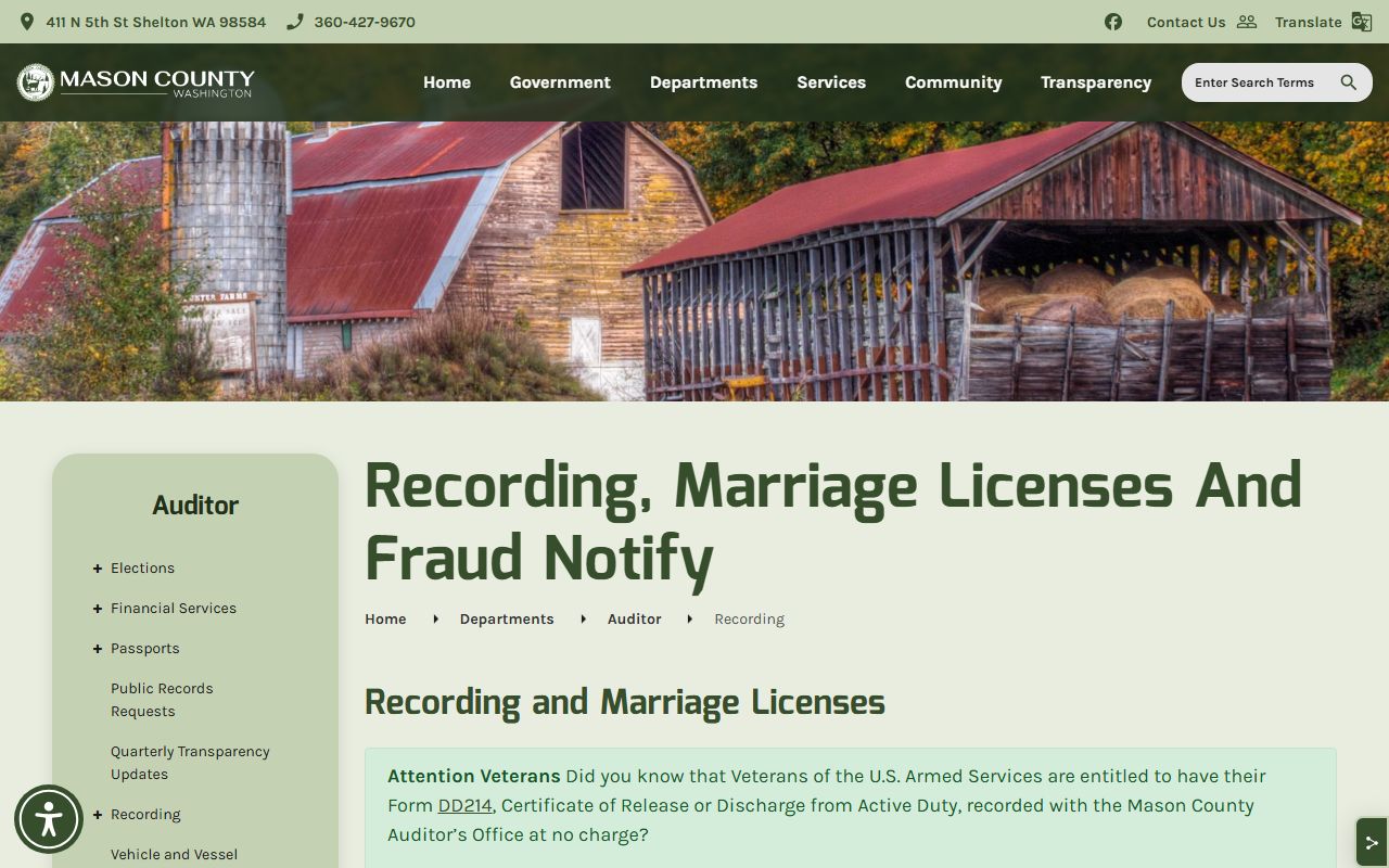 Mason County Recording Department page for searching marriage license records