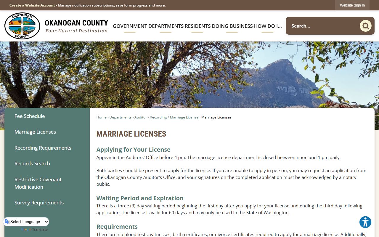 Okanogan County marriage license information page on the county website