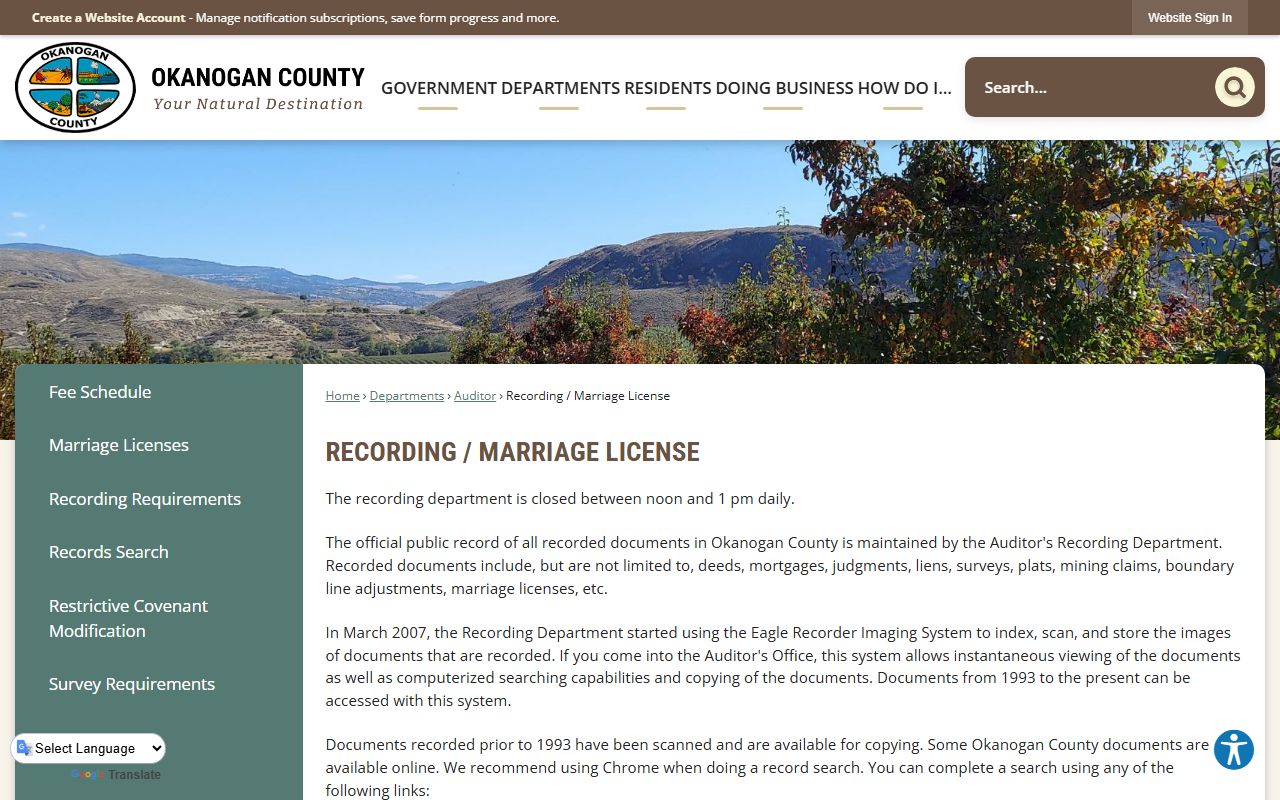 Okanogan County Recording and Marriage License office page