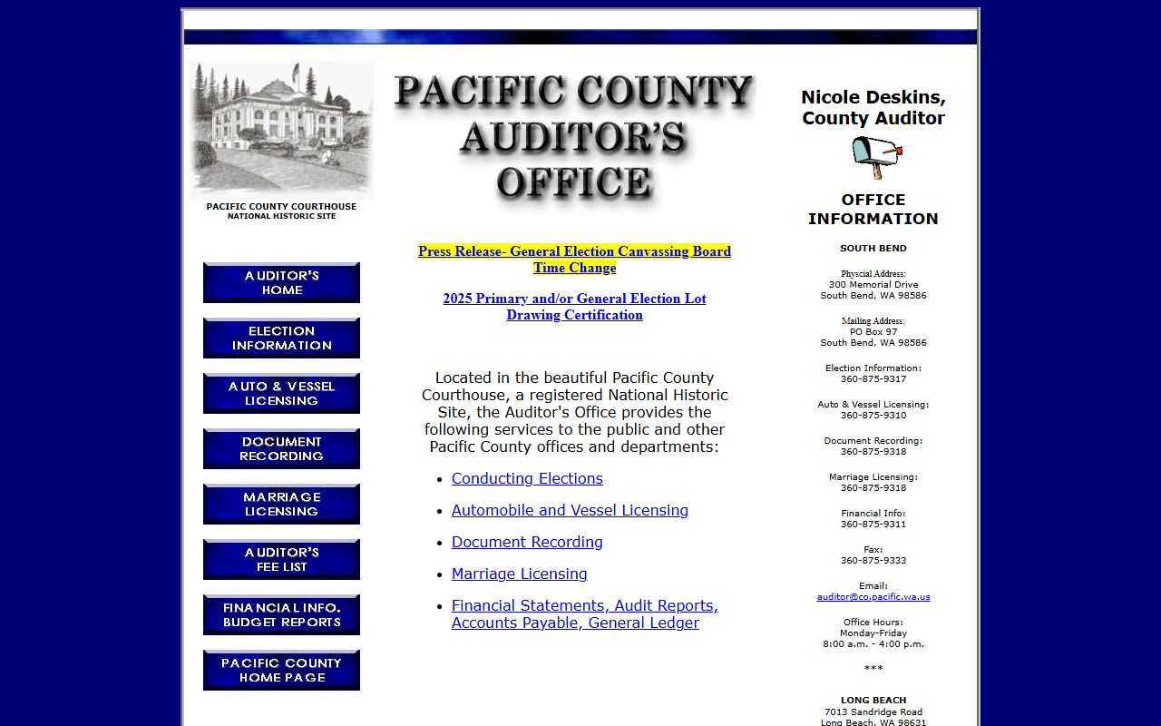 Pacific County Auditor's Office website for marriage license applications and records
