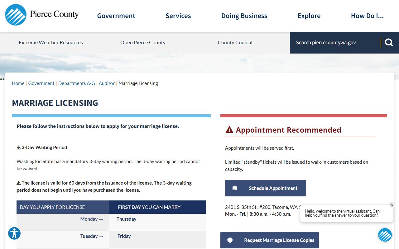 Pierce County marriage licensing page