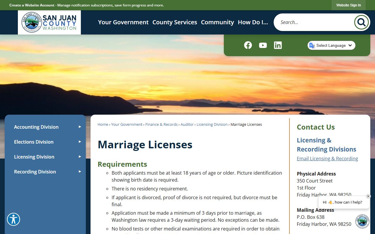 San Juan County marriage license application page
