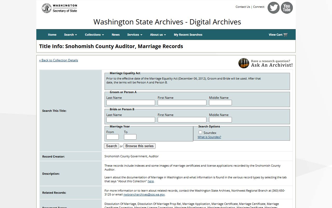 Snohomish County Digital Archives marriage license records