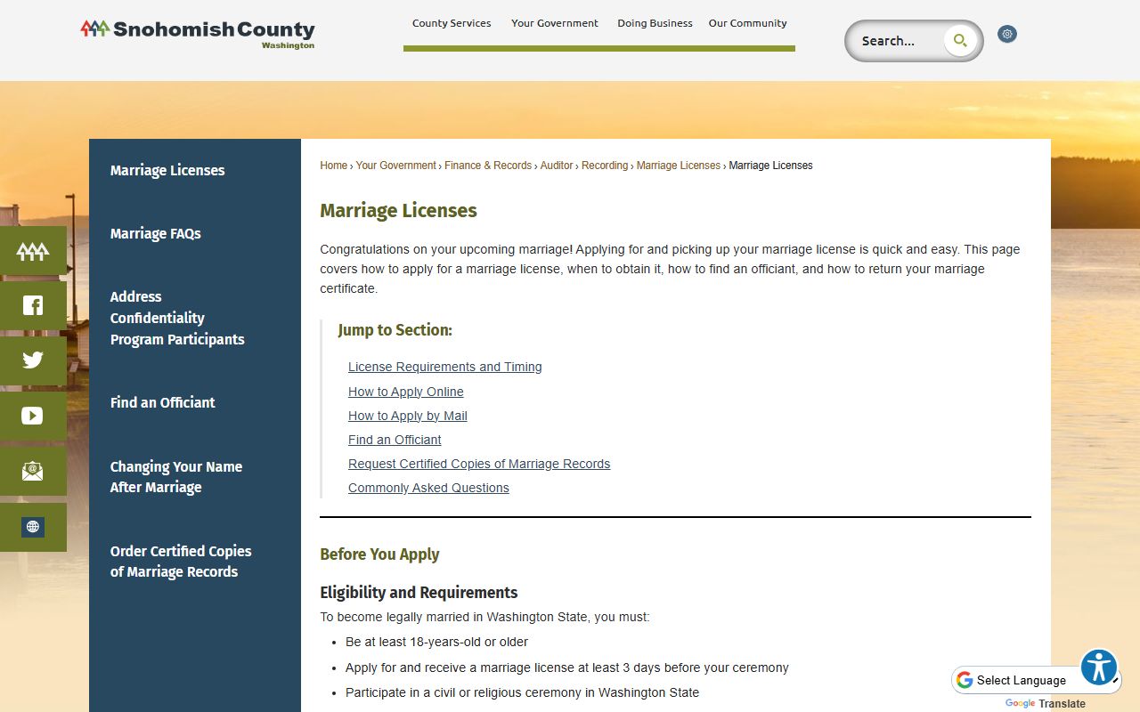Snohomish County marriage license application information