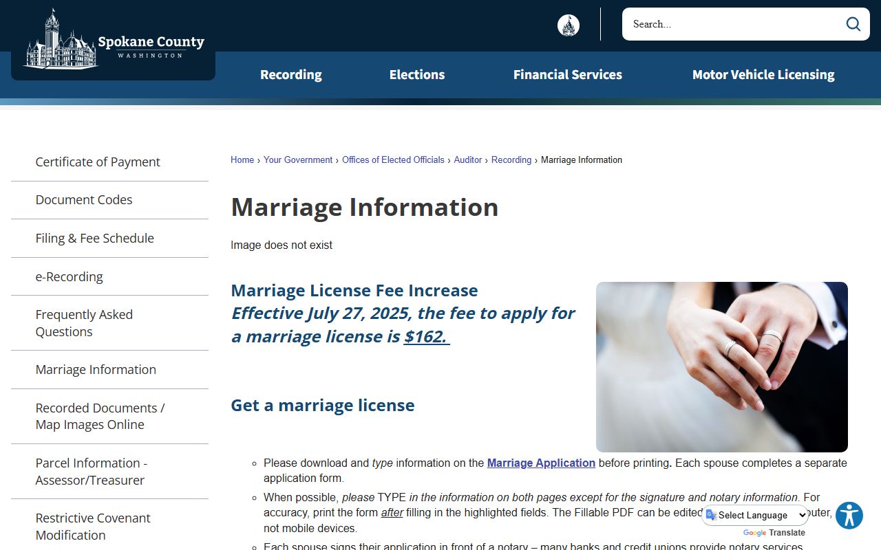 Spokane County marriage license information page