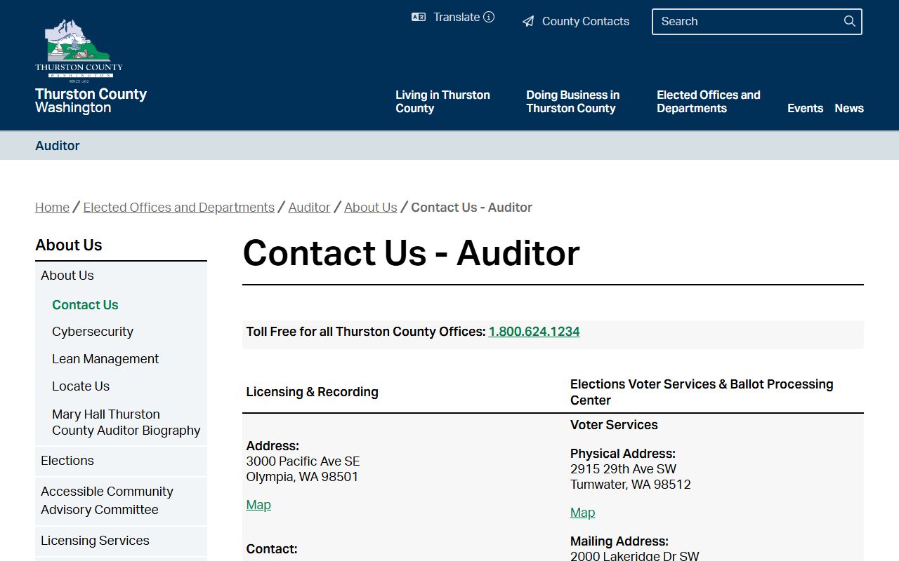 Thurston County Auditor contact page marriage license records