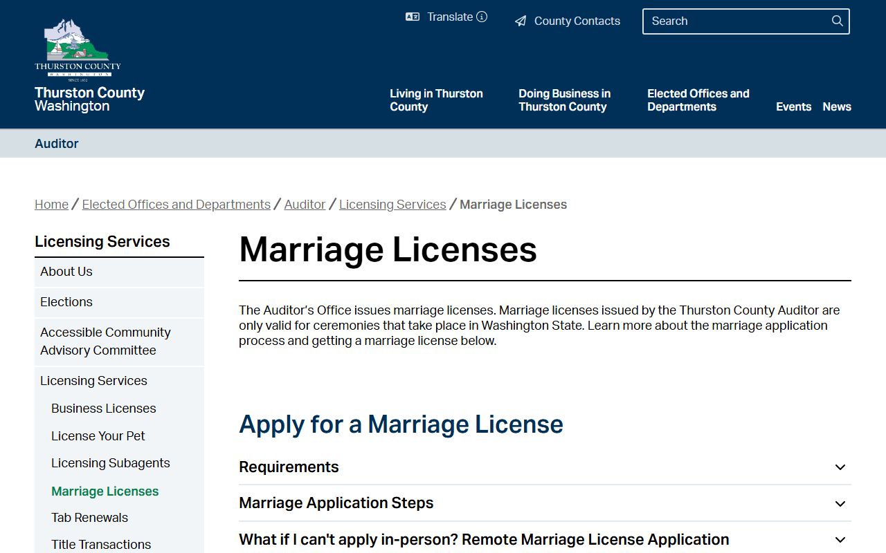 Thurston County marriage license application page