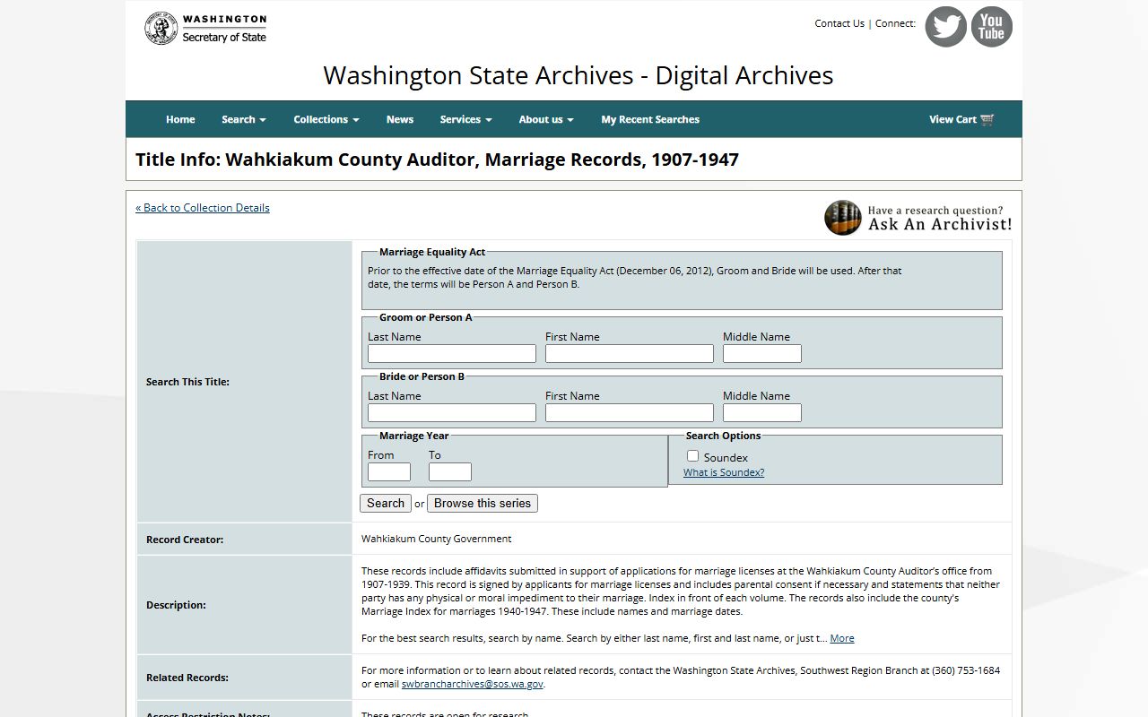 Wahkiakum County Digital Archives marriage license records