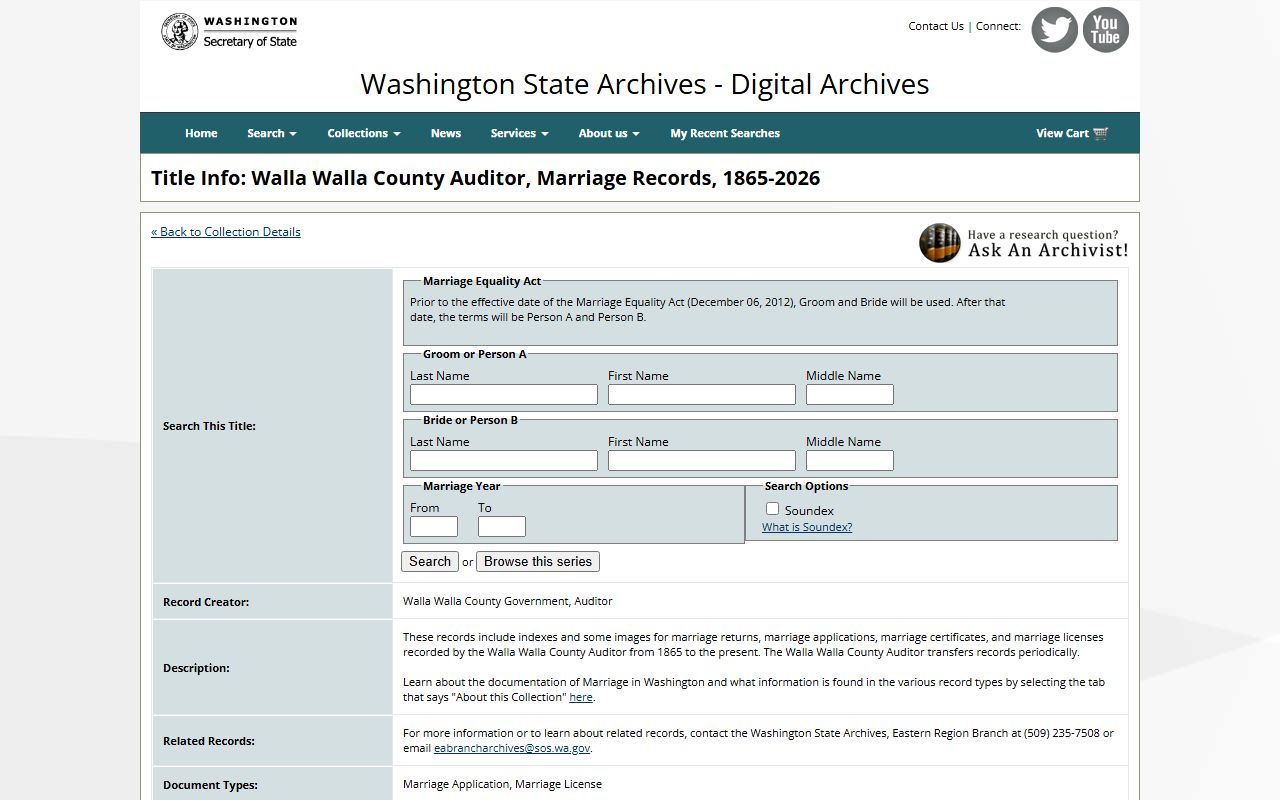 Washington State Digital Archives Walla Walla County marriage license records