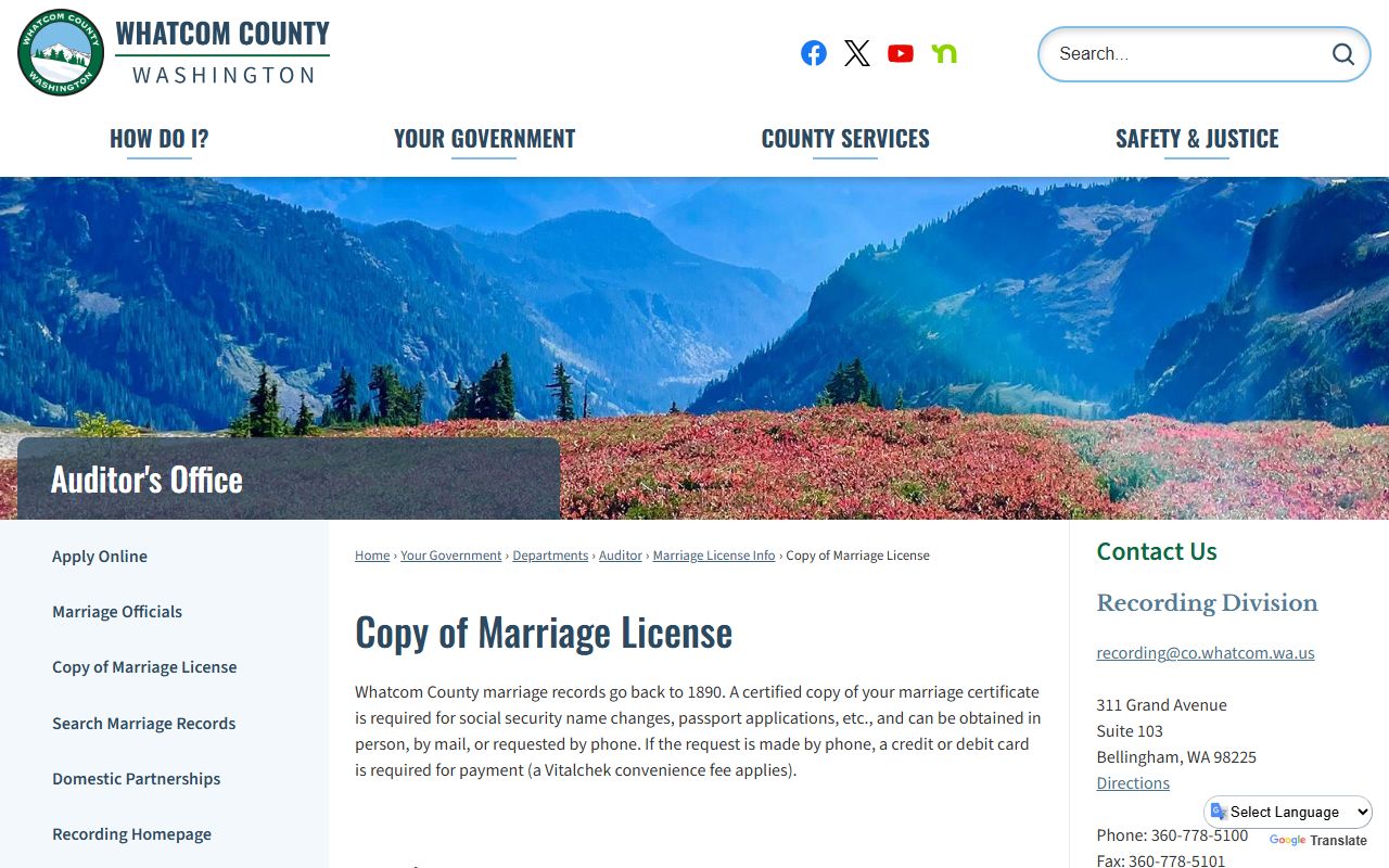 Whatcom County copy of marriage license records