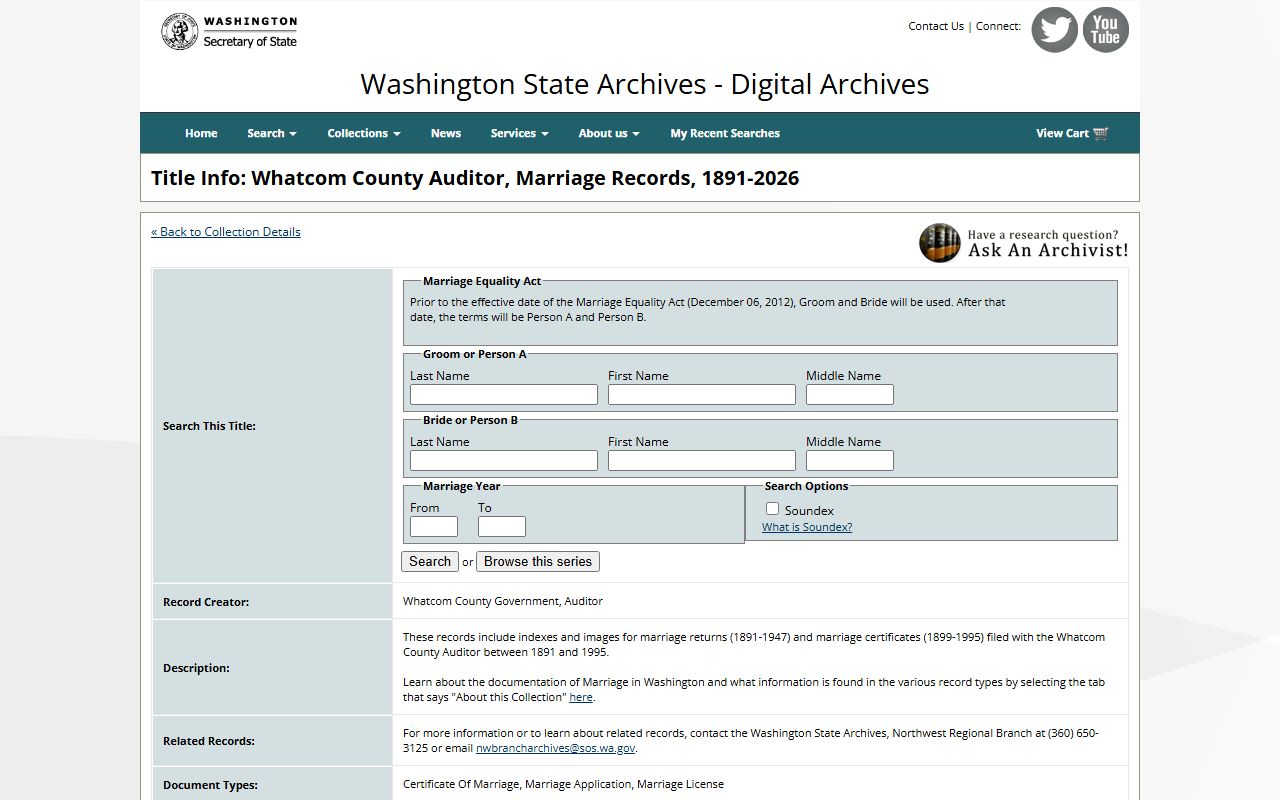 Washington State Digital Archives Whatcom County marriage license records