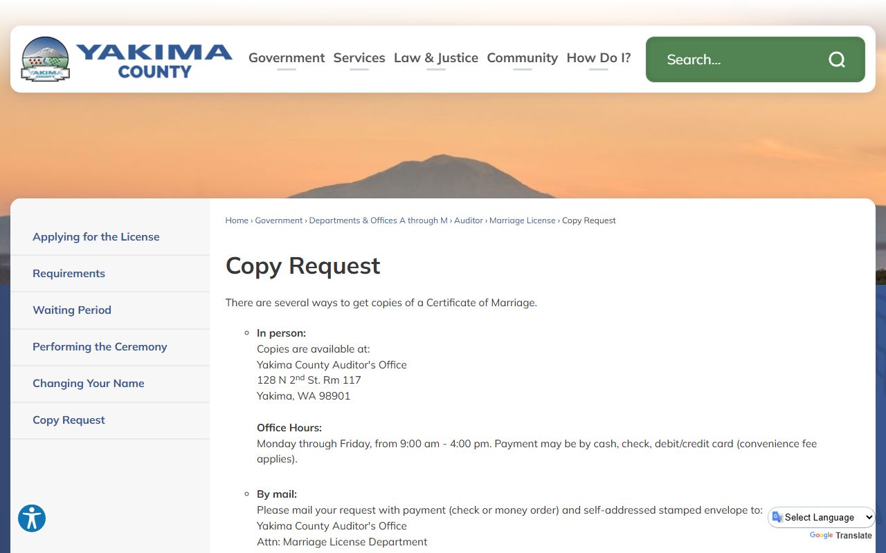 Yakima County copy request marriage license records