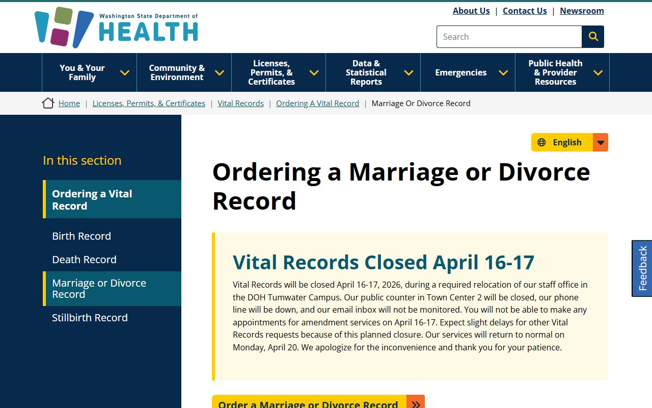 Washington DOH Marriage Records Ordering Page - Marriage License