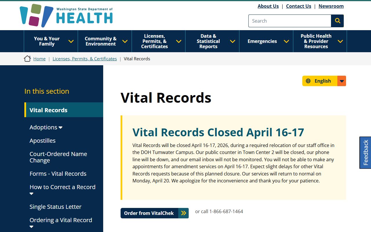 Washington State Department of Health Vital Records - Marriage License Records