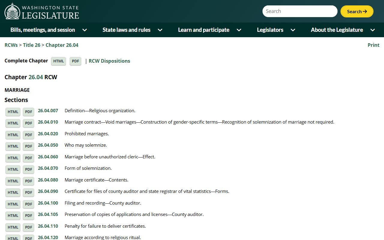 Washington State Marriage Laws RCW Chapter 26.04 - Marriage License